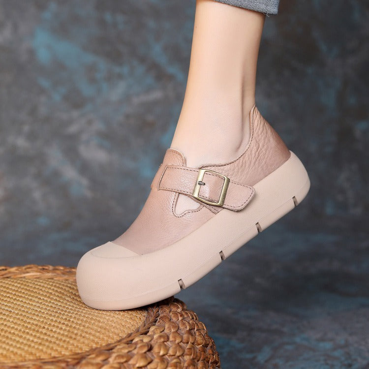 Heidi-Mode | Damenmode Rundkopf Handgefertigt Leder Schnalle mit Klettverschluss Flache Schuhe