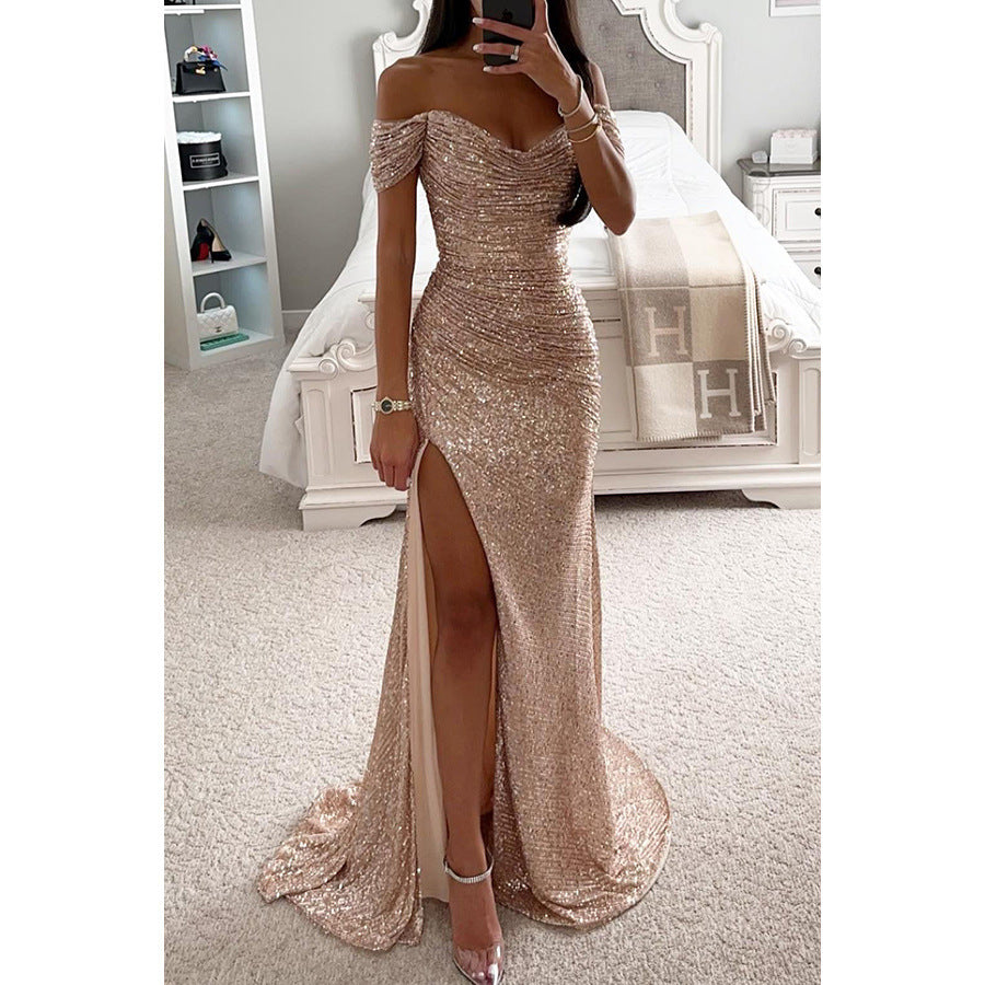 Heidi-Mode | Abendkleid Damen Schulterfreies Glitzer Maxikleid mit Schlitz für Hochzeit & Fest