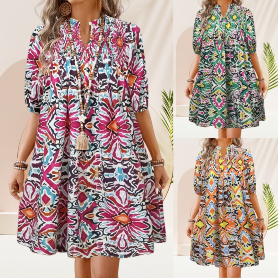 Heidi Mode | Bohemian Women 's Fashion Bedrucktes Kleid mit V-Ausschnitt