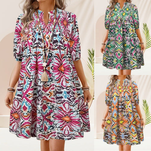 Heidi Mode | Bohemian Women 's Fashion Bedrucktes Kleid mit V-Ausschnitt