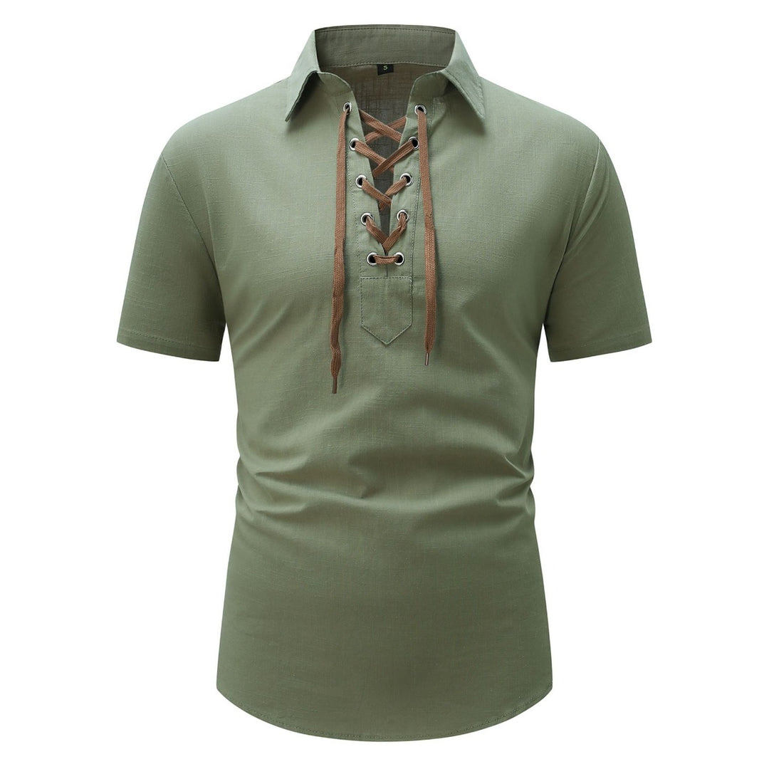 Heidi Mode | Leinen Revers Tether V-Ausschnitt Kurzarm-Shirt
