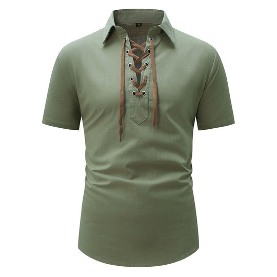 Heidi Mode | Leinen Revers Tether V-Ausschnitt Kurzarm-Shirt