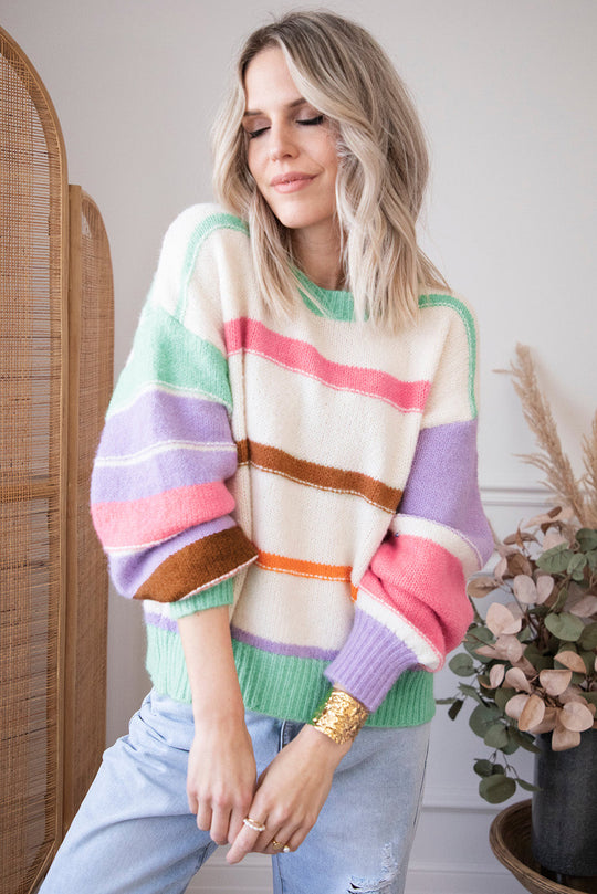 Gestreifter Colorblock Pullover Mit Überschnittenen Schultern