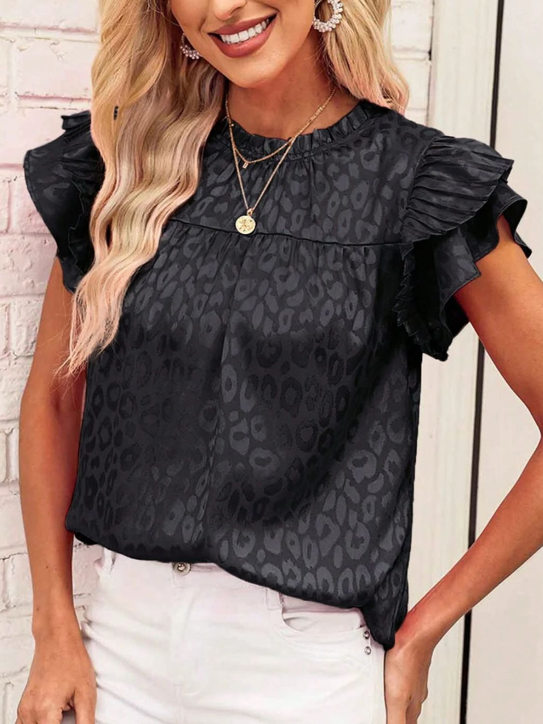 Heidi-Mode | Leopard Frill Mock Neck Rüschenshirt mit Cap Sleeves