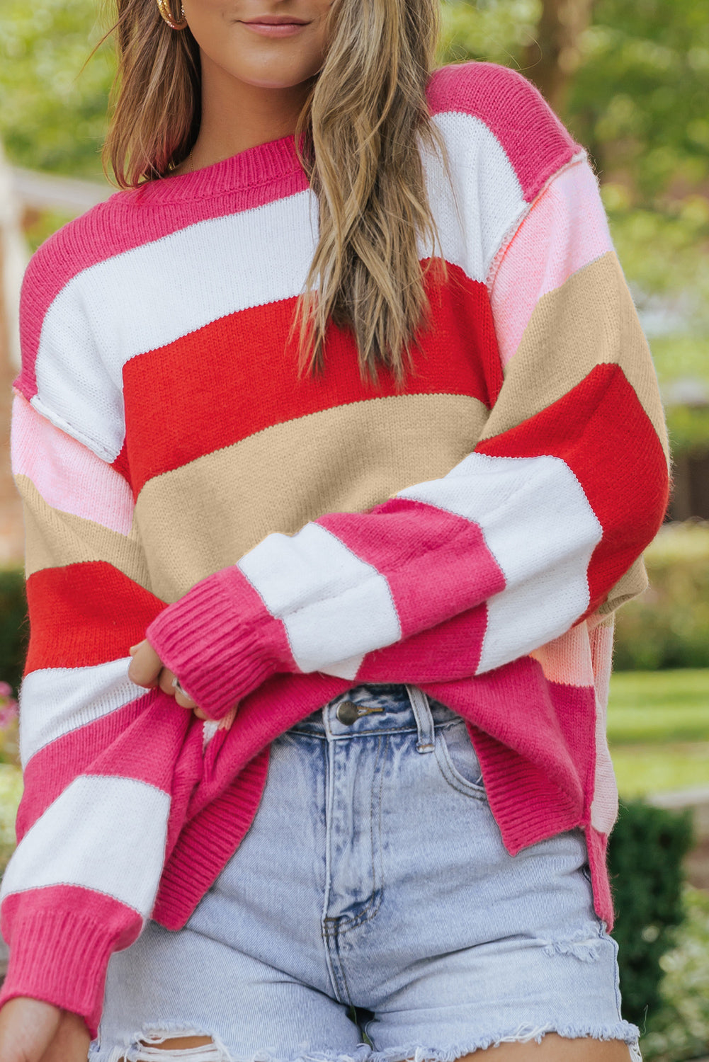 Roter Mix Horizon Stripes Pullover Mit Dolman-Ärmeln