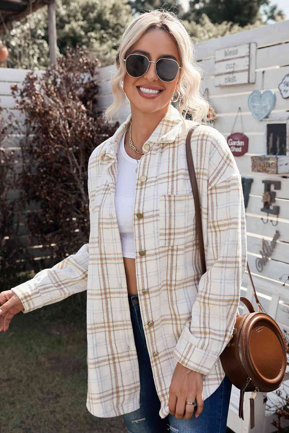 Heidi-Mode | Karo Kurviger Saum Fallende Schulter Langarmhemd Jacke