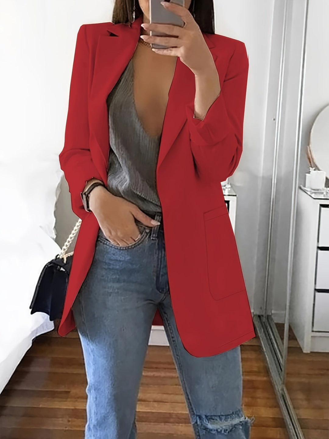 Heidi-Mode | Eleganter Business-Einfarbiger Lange Blazer mit Reversideal für alle Jahreszeiten