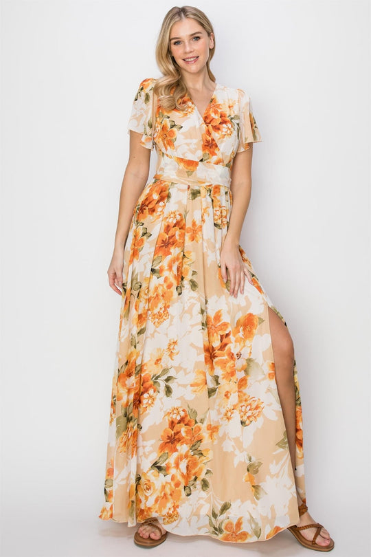 Heidi-Mode | Hyfve Floral Tie Back Kurzarm Schlitz Maxikleid