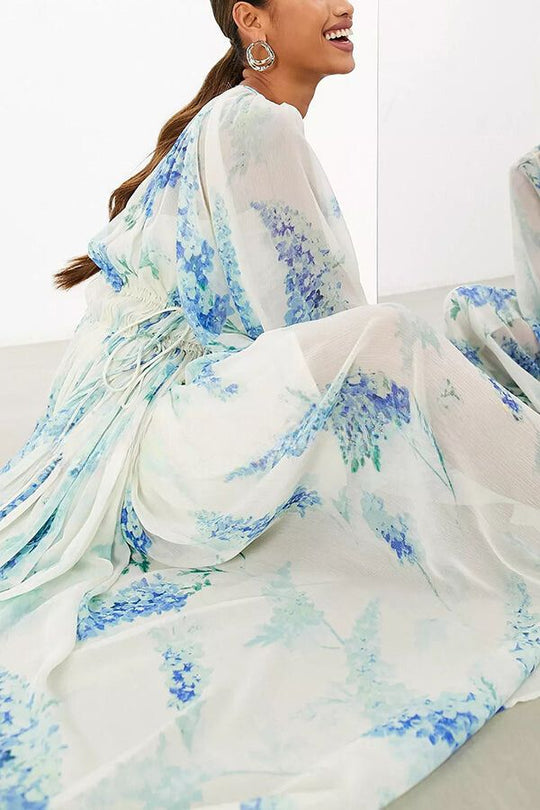 Heidi-Mode | Auf Zu Den Ozean Chiffon Blumen Knopftaille Maxi Kleider