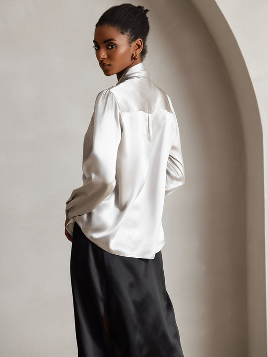 Heidi-Mode | Damen Elegante Seidenbluse mit Schlipskragen und Langen Ärmeln