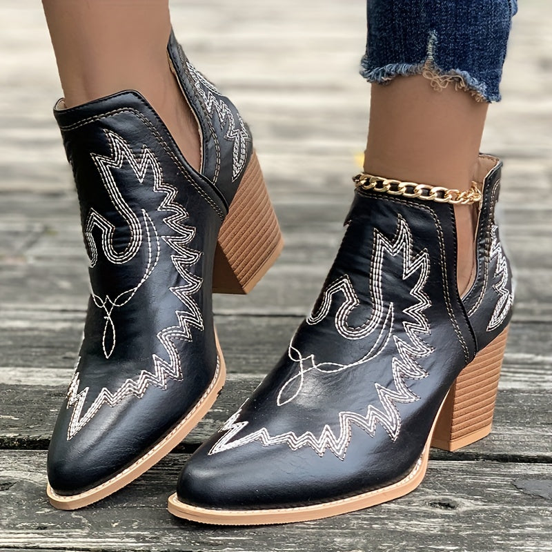 Heidi-Mode | Damen Westernstiefel mit Blockabsatz und Retro-Stickerei
