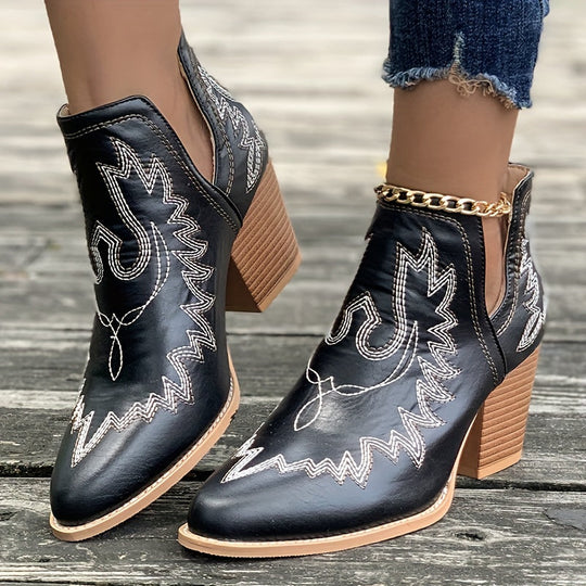 Heidi-Mode | Damen Westernstiefel mit Blockabsatz und Retro-Stickerei