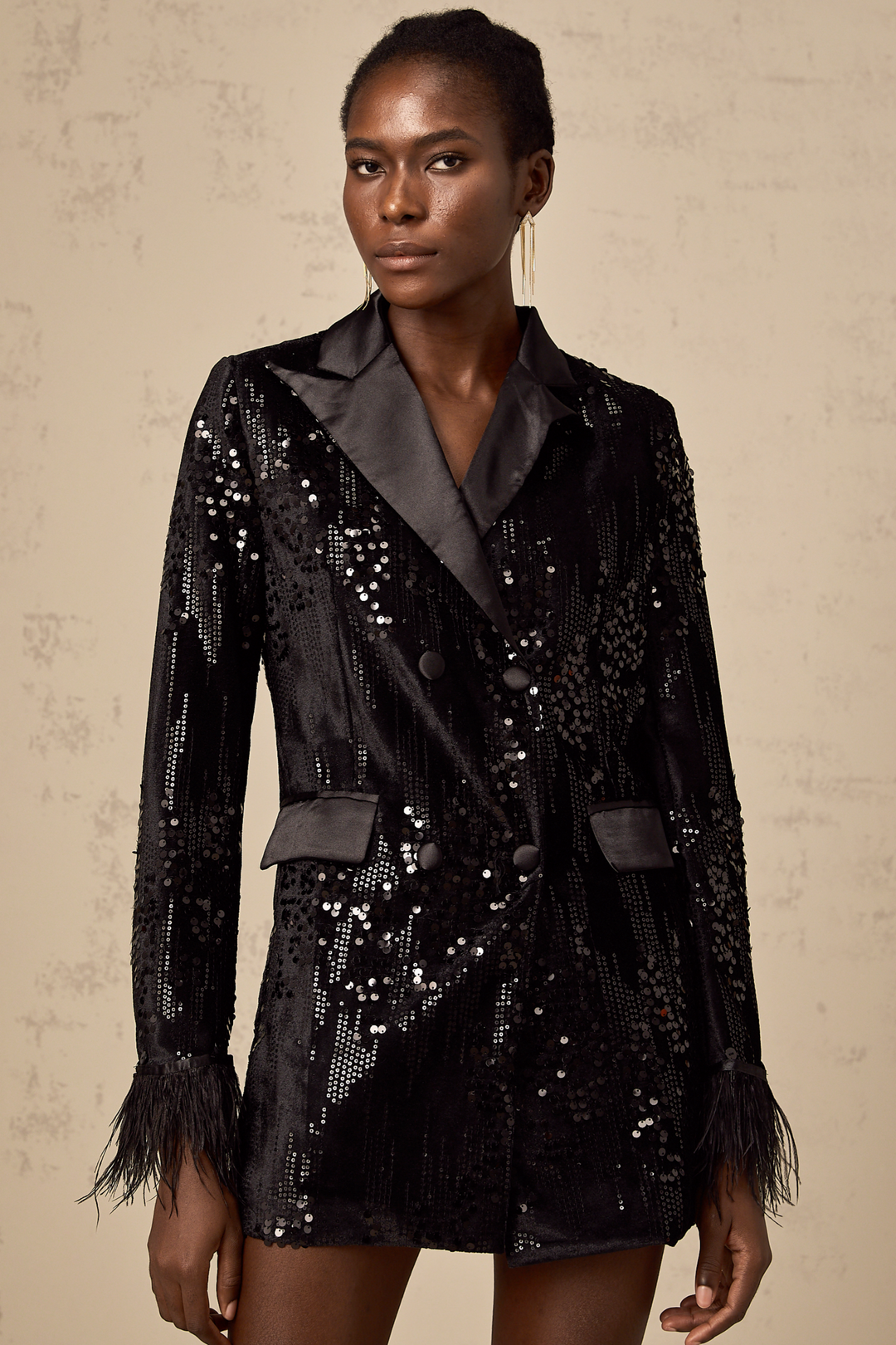 Heidi-Mode | Schwarz Federquadrat Pailletten Verziertes Blauer Jacke
