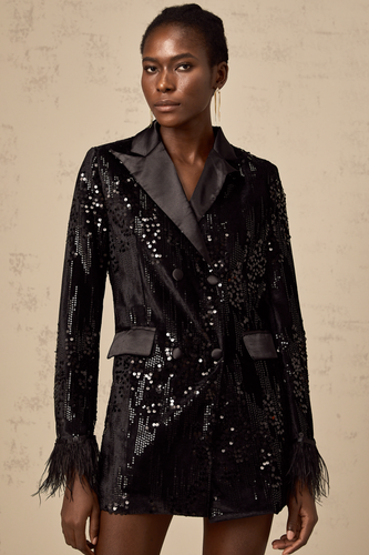 Heidi-Mode | Schwarz Federquadrat Pailletten Verziertes Blauer Jacke