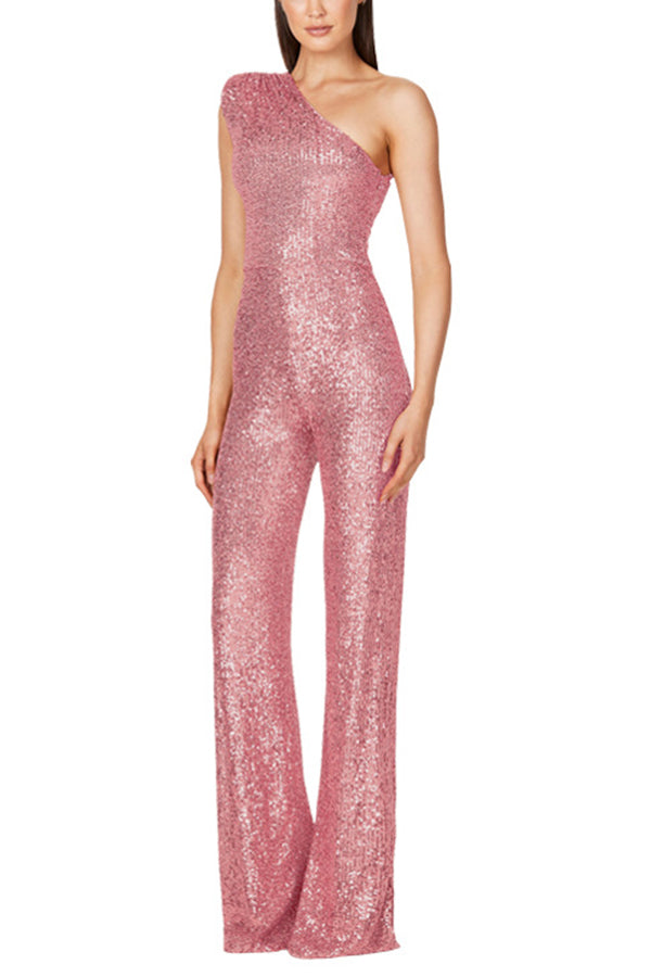 Heidi-Mode | Alize Stretch Paillette Ein Schulter Breite Beine Jumpsuit