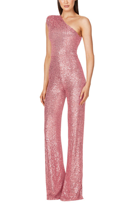 Heidi-Mode | Alize Stretch Paillette Ein Schulter Breite Beine Jumpsuit