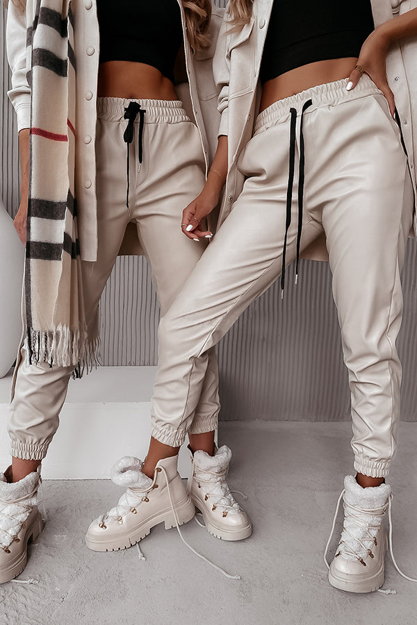 Heidi-Mode | Drasilla Faux Leder Elastischer Bund Taschen Jogger