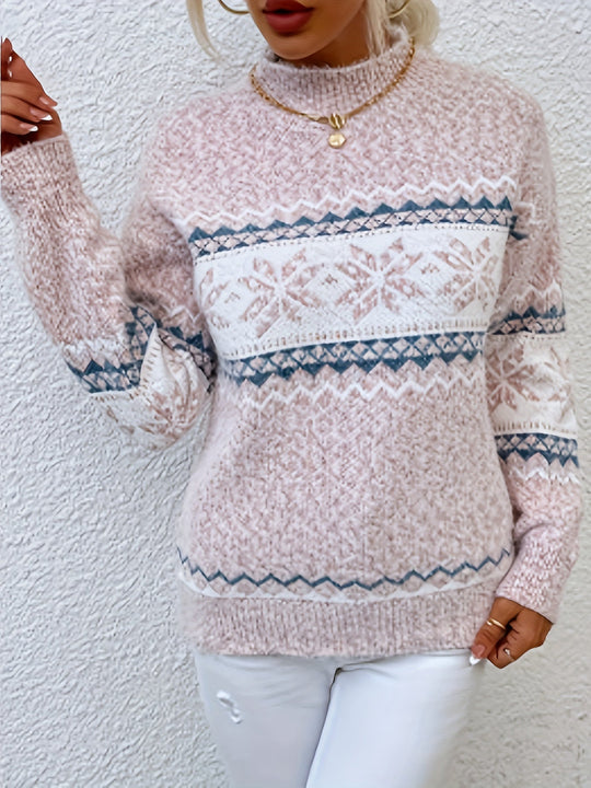 Heidi-Mode - Schicke Winter Schneeflocke Mock Neck Pullover für Damen