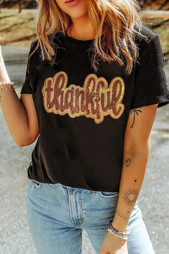 Heidi-Mode | Dankbar Pailletten Rundhals Kurzarm T-Shirt