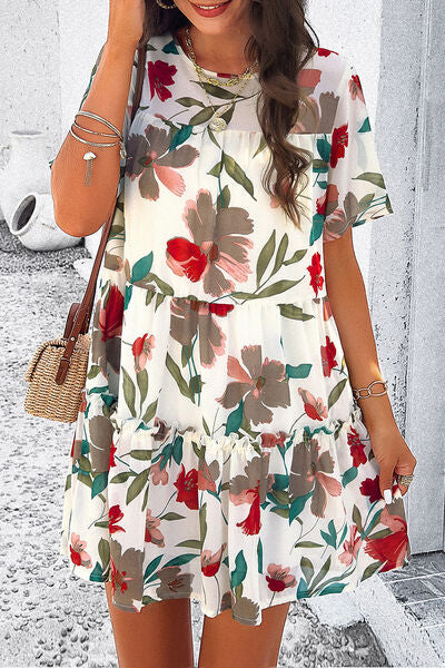 Heidi-Mode | Gedrucktes Gestuftes Rundhals-Minikleid