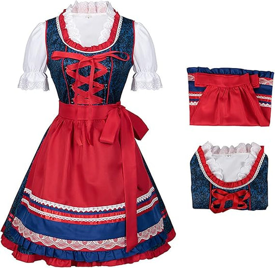 Heidi-Mode - Stilvolle Herbst Rote Dirndl mit Rüschen Bluse für Frauen