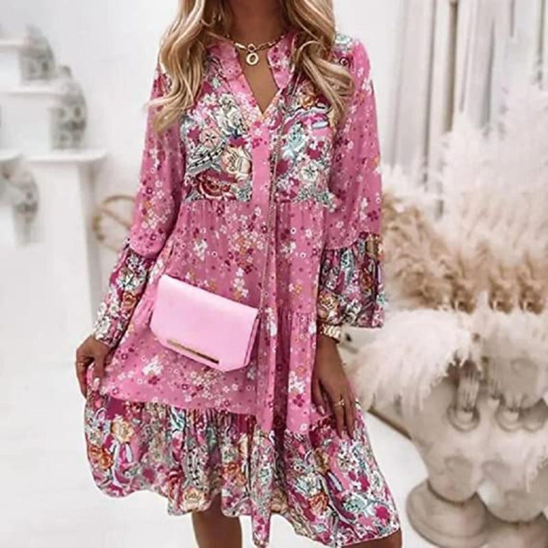 Heidi-Mode – Mehrfarbiges Sommerkleid mit V-Ausschnitt
