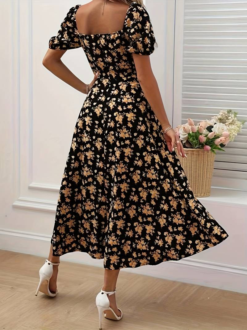 florale Puffärmel mit Schlitz Kleid