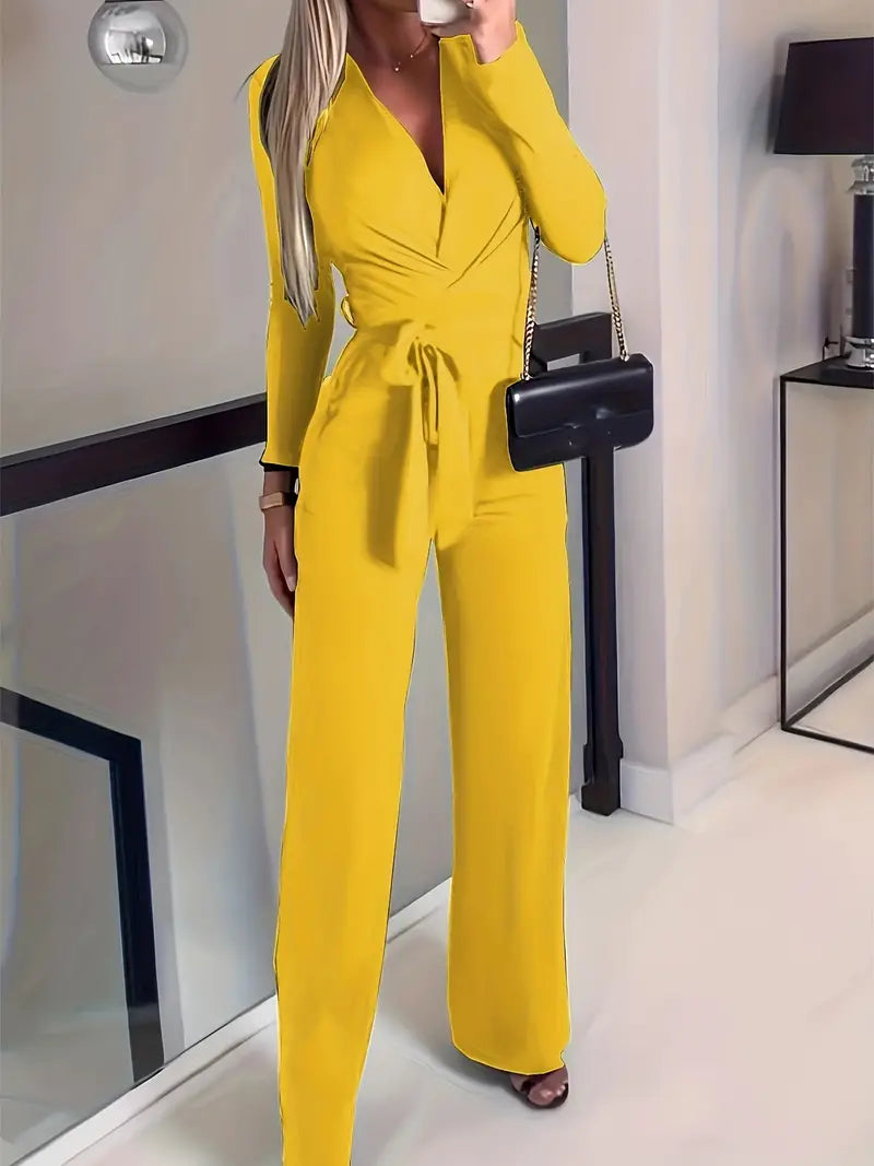 Slim elegance weit ausgestellter Gürtel mit V-Ausschnitt Jumpsuit