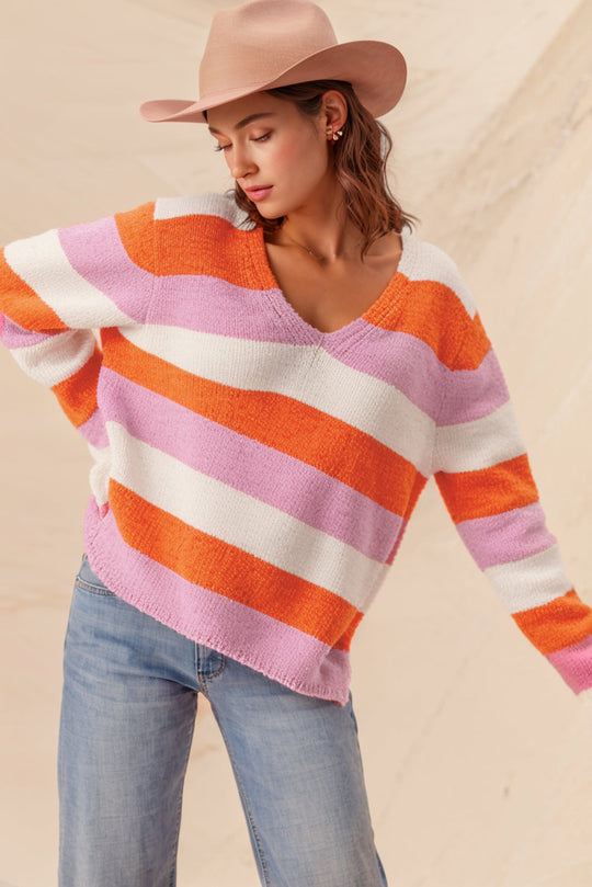 Gestreifter Colorblock V-Ausschnitt Freizeitpullover