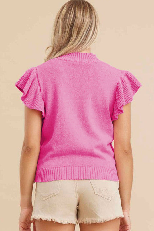 Gerippter Mock Neck Pullover Mit Kurzen Ärmeln Und Rüschen