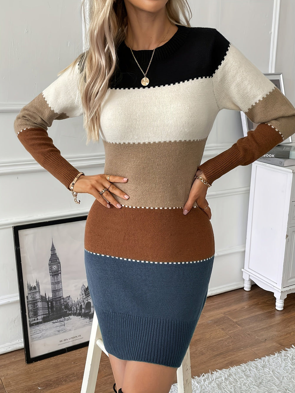 Heidi-Mode | Stilvolles Baumwollkleid mit Farbblock Design, Langen Ärmeln und Rundhalsausschnitt für Damen Ideal für Den Sommer