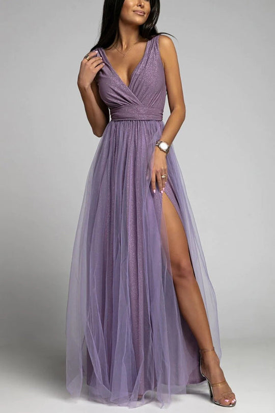 Heidi-Mode | It'S My Day Light Tulle Schlitz Maxi Kleid