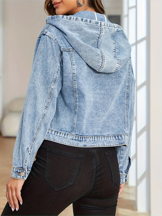 Heidi-Mode - Lässige Herbst Blau Denim Jacke mit Kapuze undKnopfverschluss für Frauen