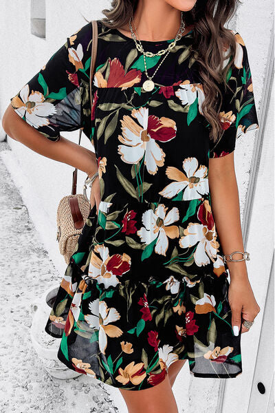 Heidi-Mode | Gedrucktes Gestuftes Rundhals-Minikleid