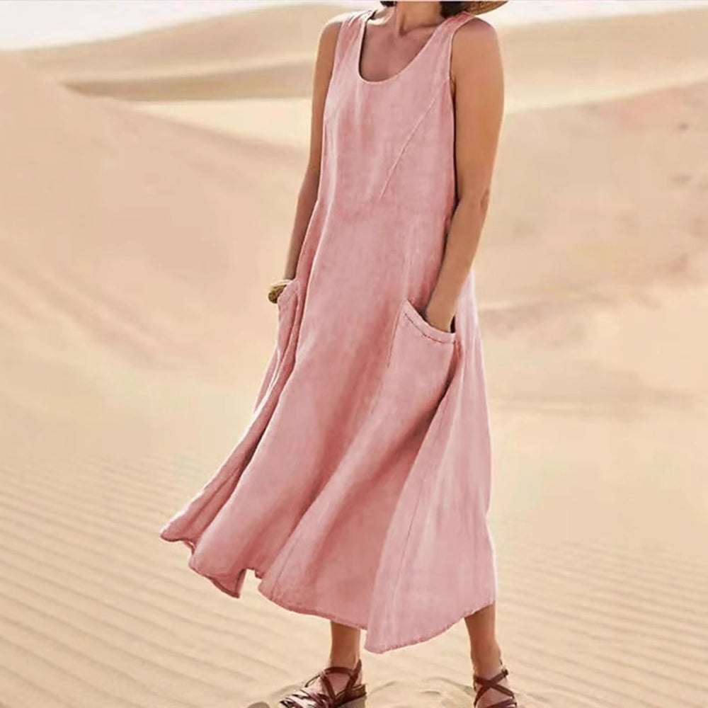 Heidi Mode | Ärmelloses Kleid aus Baumwolle und Leinen mit Rundhalsausschnitt und Tasche