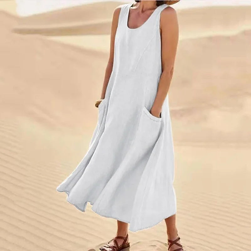 Heidi-Mode | Ärmelloses Kleid aus Baumwolle und Leinen mit Taschen für Frauen