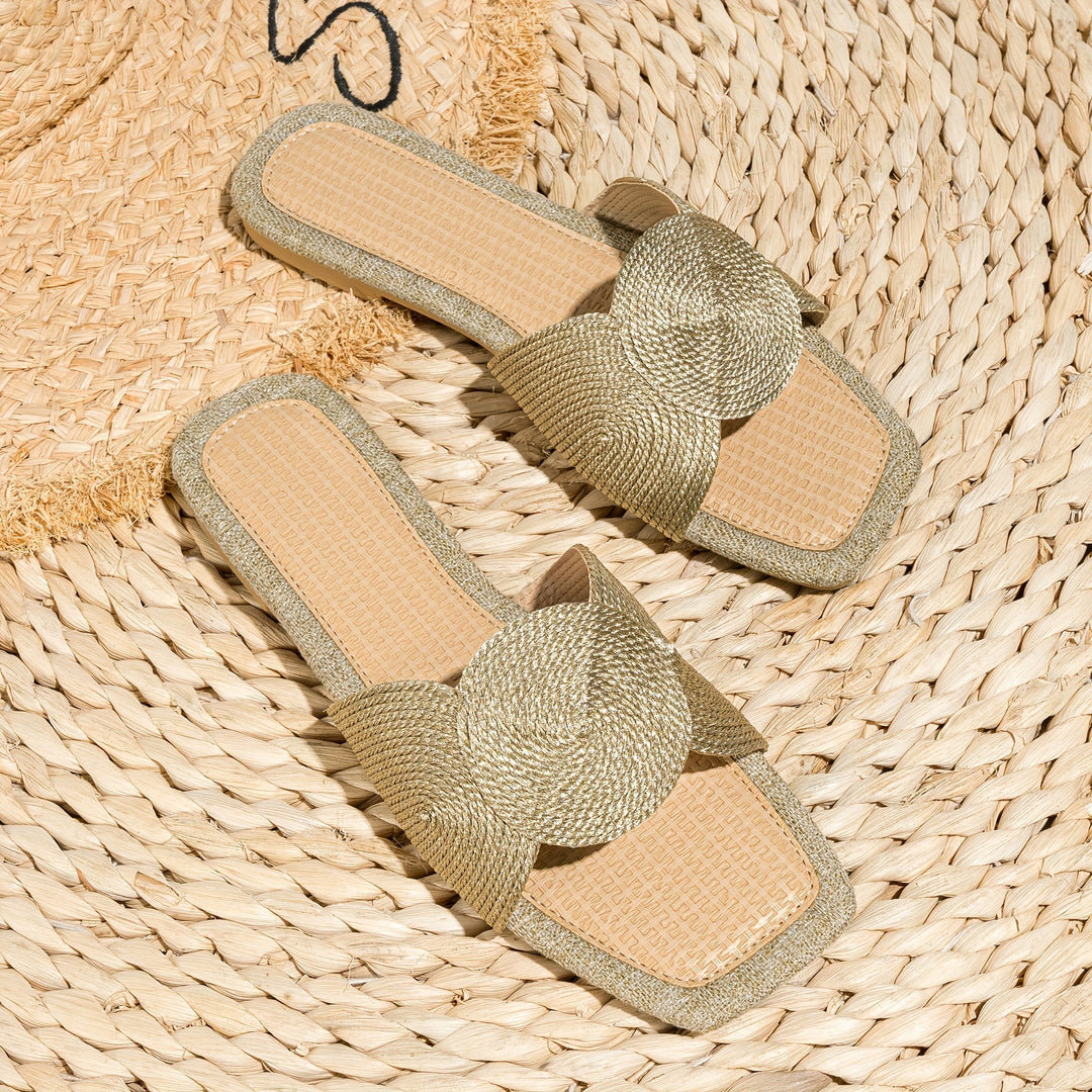 Heidi-Mode | Flache Gewebte Schuhe mit Geometrischer Stickerei, Tpr Sohle, Aprikose