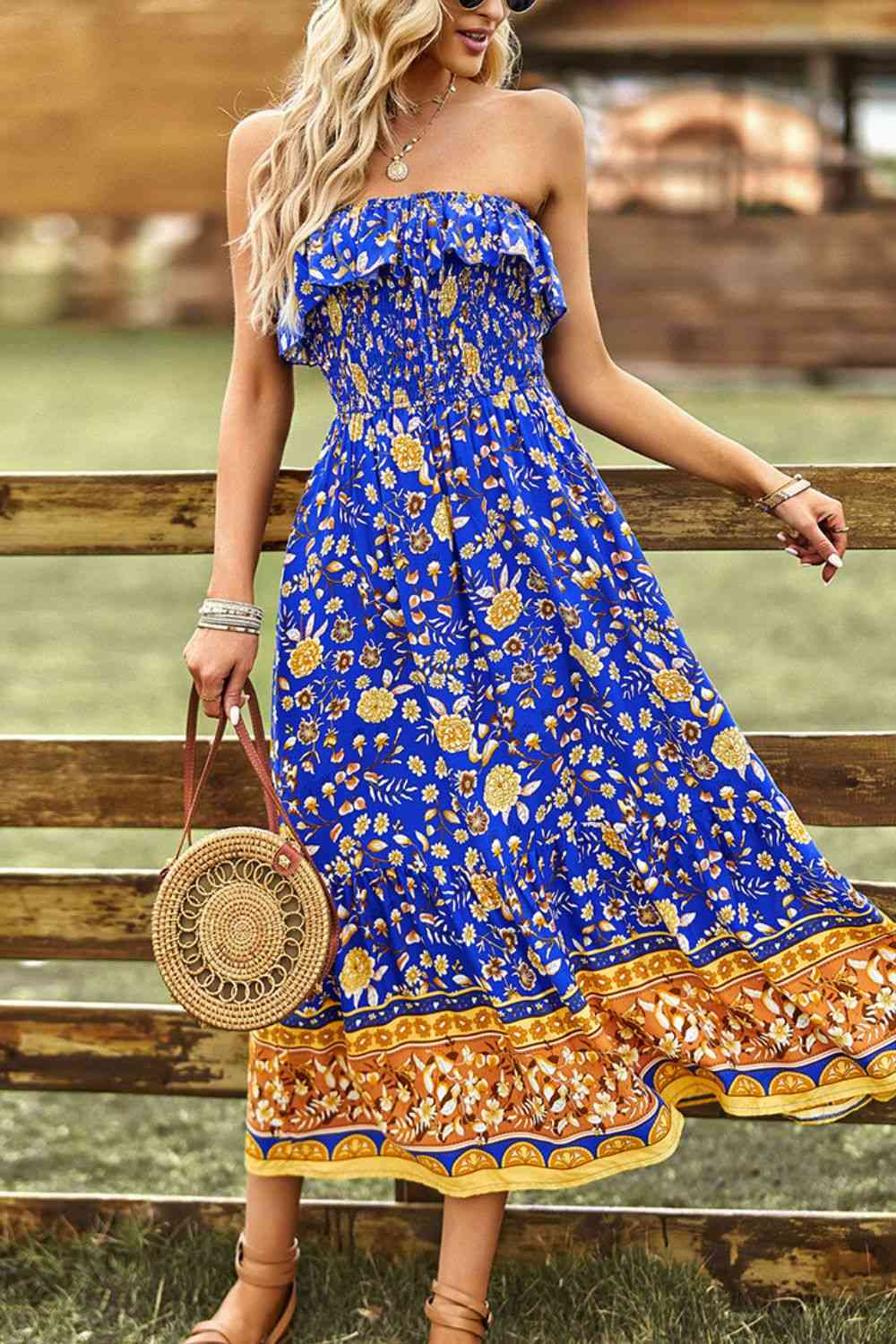 Heidi-Mode | Bohemian Strapless Schlitz Midi Kleid