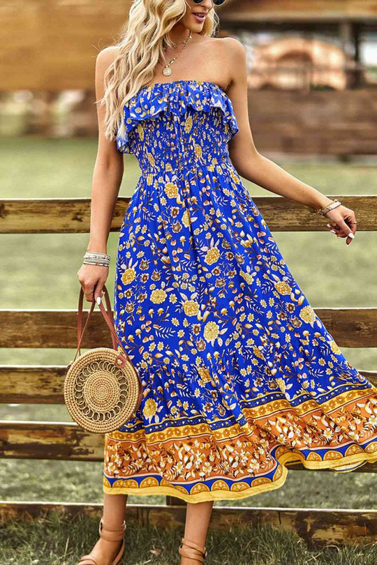 Heidi-Mode | Bohemian Strapless Schlitz Midi Kleid