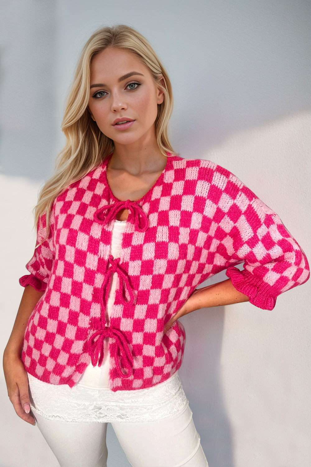 Heidi-Mode | Double Take Gebunden Karierter Fall Schulter Volant Ärmel Strickjacke