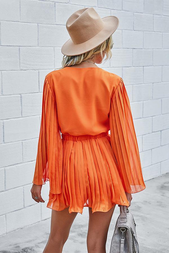 Heidi-Mode | V-Ausschnitt Einfarbig Plissierter Jumpsuit