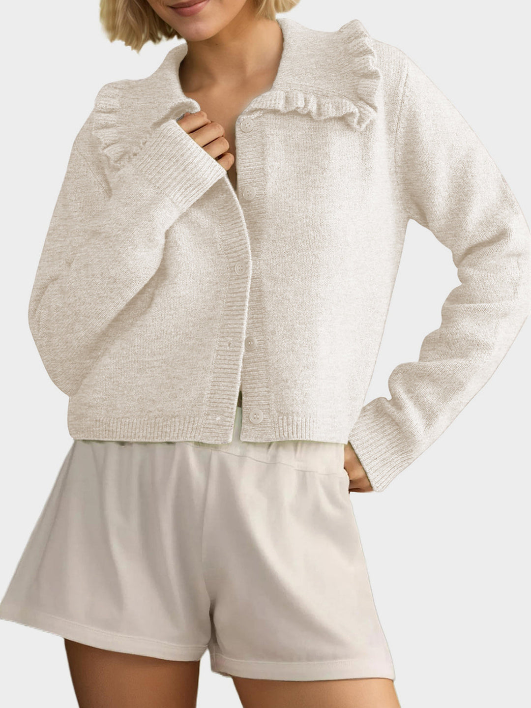 Heidi-Mode | Rüschentaste Up Kragen Langarm Cardigan