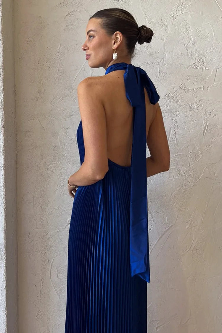 Heidi-Mode | Halter Tied Up Cutout Neck Pleated Backless Asymmetrischer Saum Hochzeitsgast Maxi Kleider