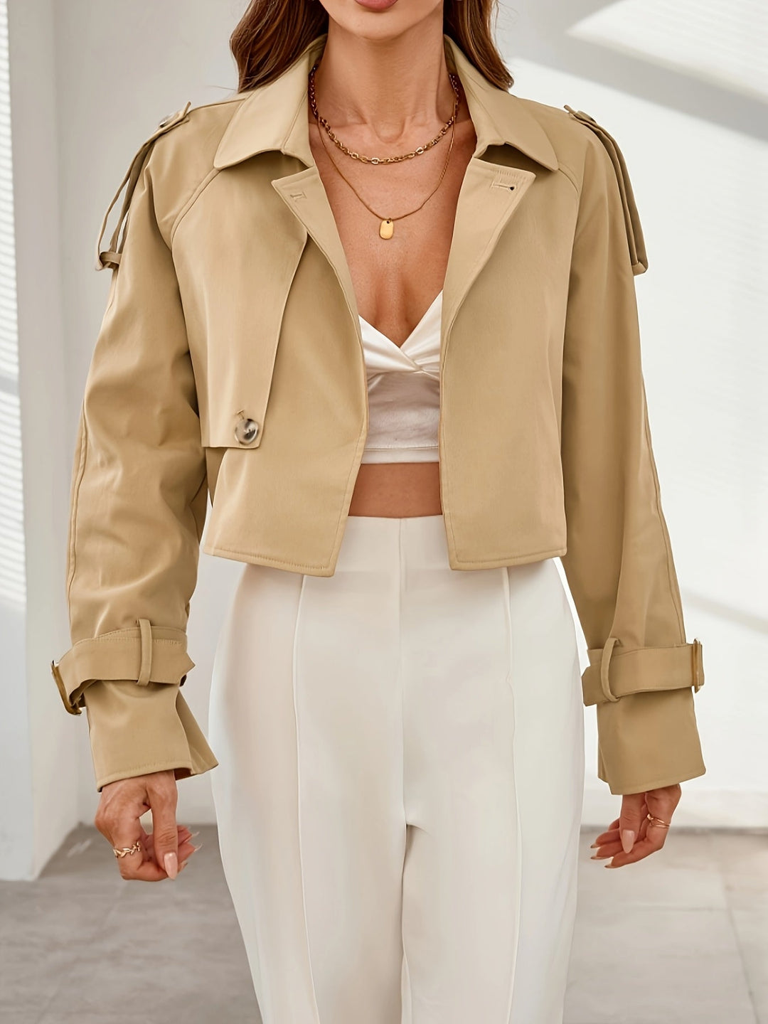 Heidi-Mode | Stylischer Khaki Cropped Trenchcoat - Bequem & Elegant