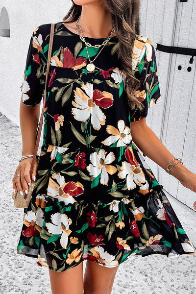 Heidi-Mode | Gedrucktes Gestuftes Rundhals-Minikleid