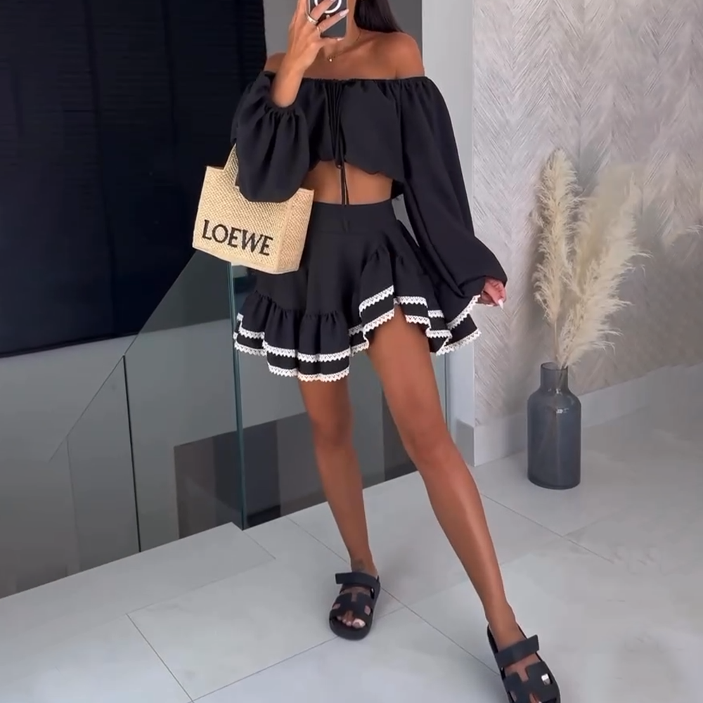 Heidi-Mode | Off Shoulder Crop Top und Rock Satz
