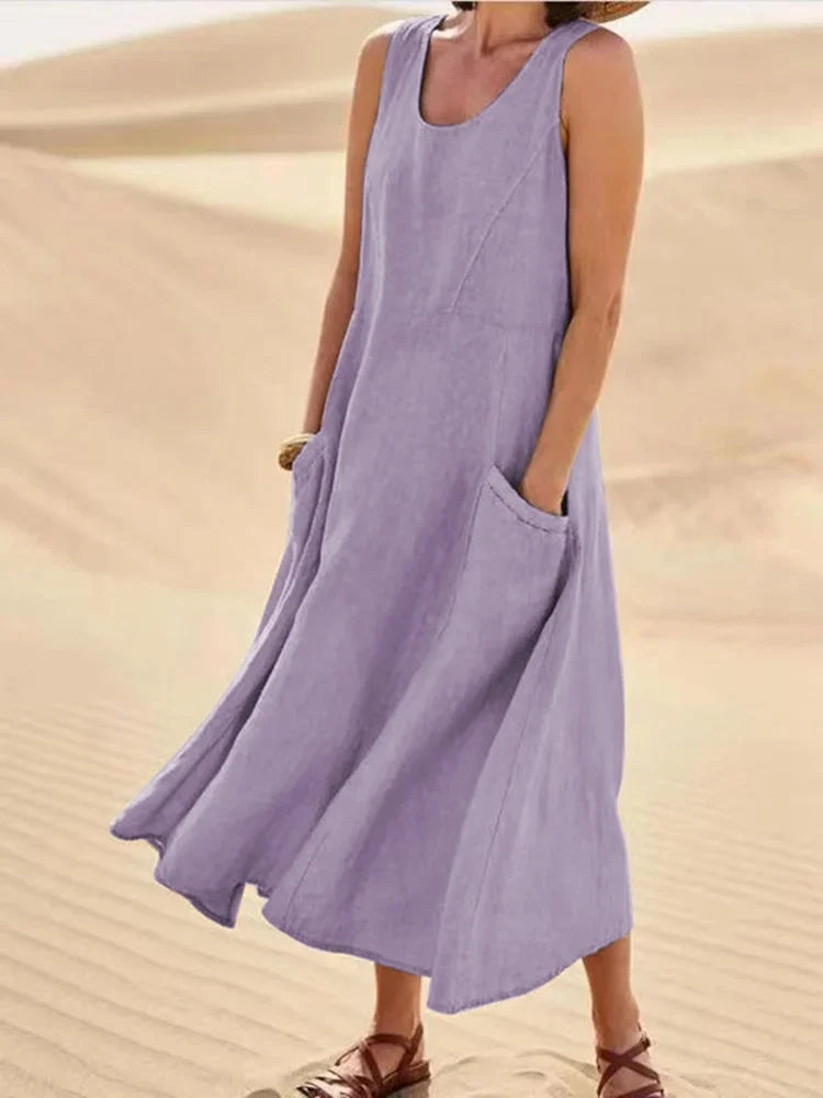 Heidi-Mode | Ärmelloses Kleid aus Baumwolle und Leinen mit Taschen für Frauen