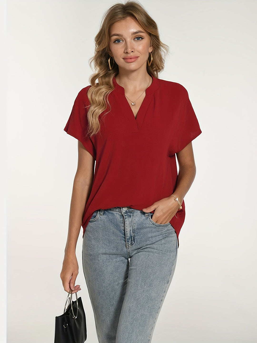 Heidi-Mode | Sommerbluse für Damen Leicht, Kurzarm, Elegant V-Ausschnitt Dekolleté