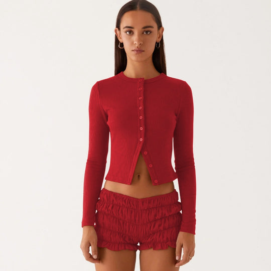 Heidi Mode | Einfarbige schmal geschnittene lange Strickjacke