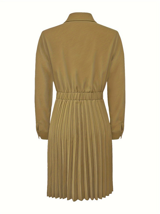 Heidi-Mode | Baumwolle Knopf Front Plissiert Langarm Abendkleid für Frauen